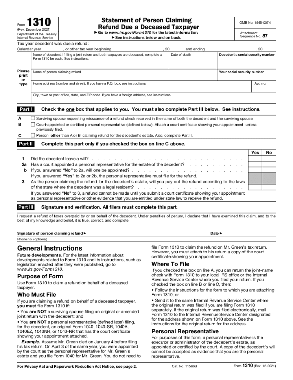 Irs Form 1310 - Claiming A Refund For A Deceased Person