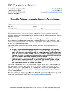 Request for Religious Immunization Exemption Form (Influenza)