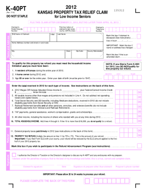 Fillable Online K-40PT Property Tax Relief Claim (Rev. 7-12). Homestead ...