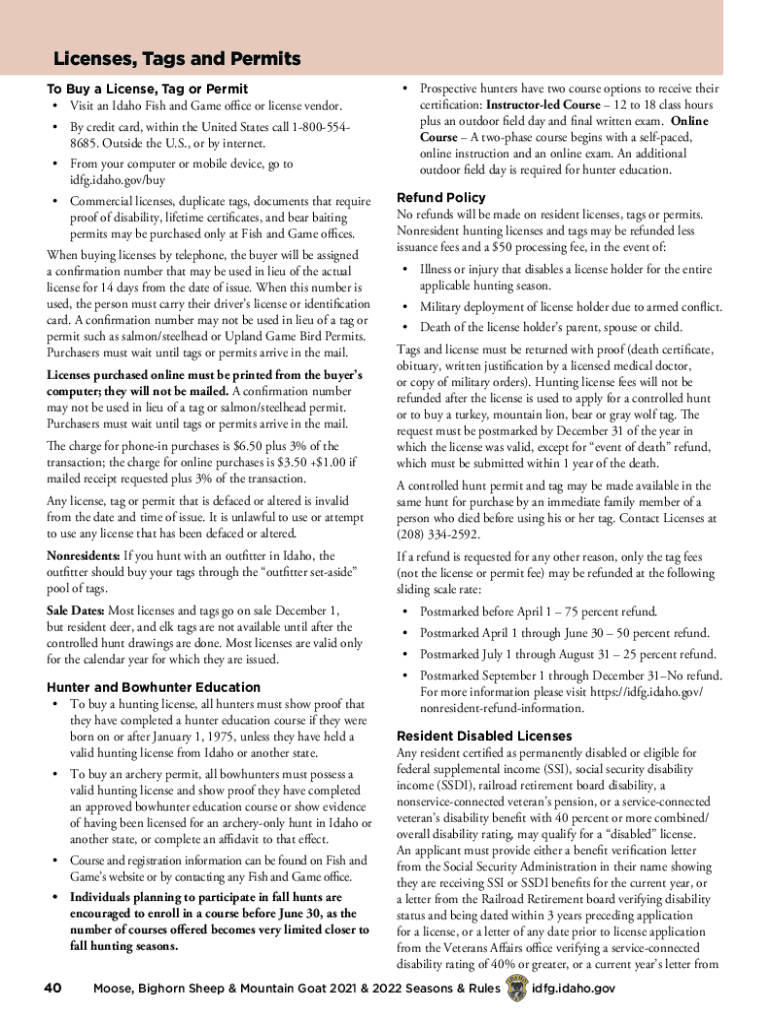 Fillable Online idfg idaho Licenses, tags, and permitsIdaho Fish and GameLicenses, tags, and
