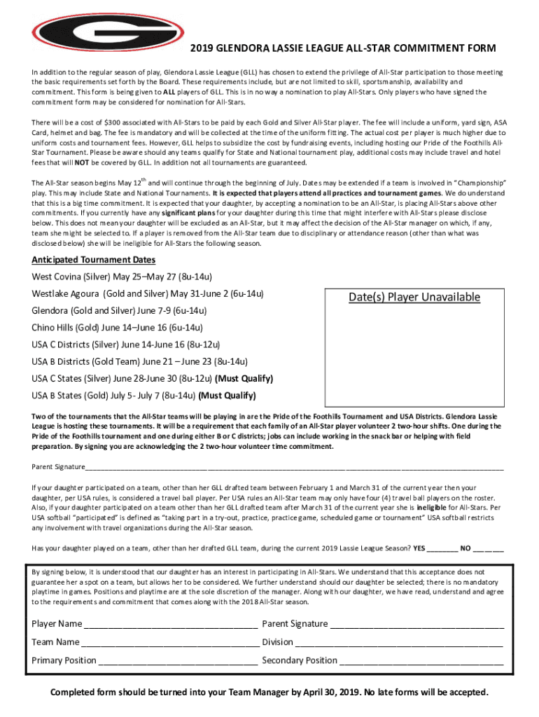 Fillable Online GLL fall ball has been a big... Glendora Lassie