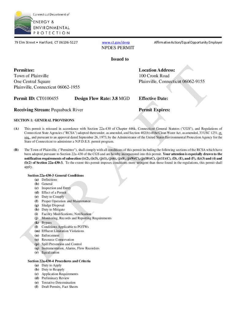 Fillable Online Town of Plainville WPCF, CT0100455, Draft Permit. This