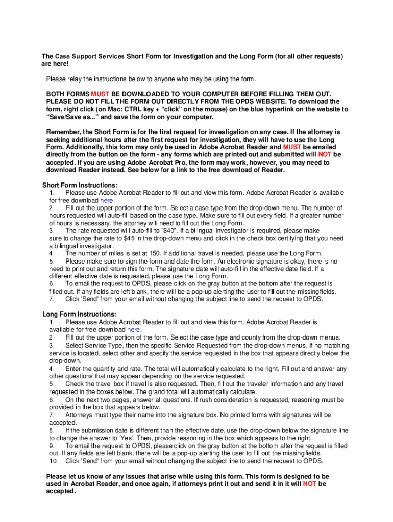Fillable Online The Case Support Services Short Form for Investigation