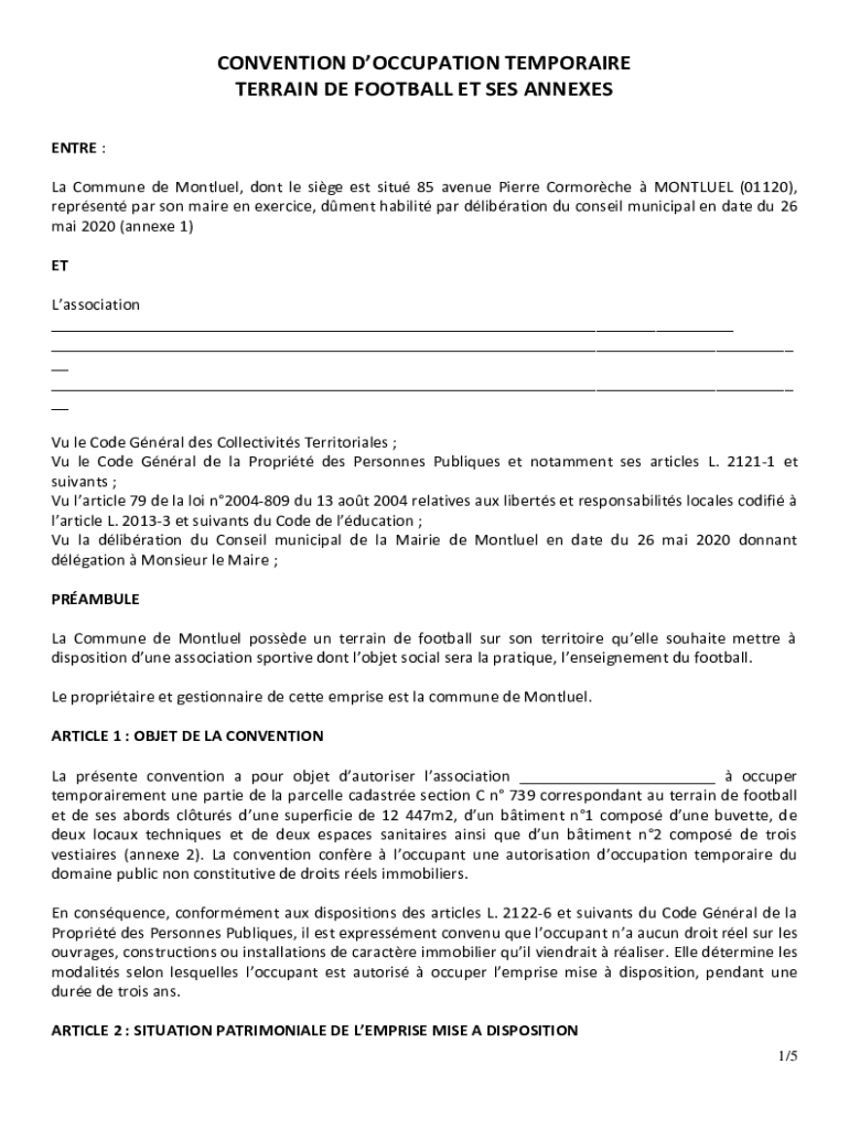 Remplissable En Ligne CONVENTION D'OCCUPATION TEMPORAIRE TERRAIN DE