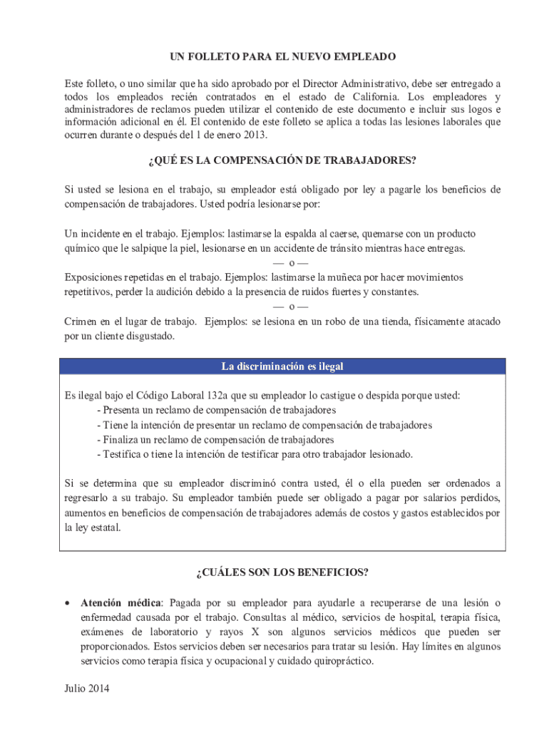 Fillable Online UN FOLLETO PARA EL NUEVO EMPLEADO QU ES LA COMPENSACIN ...