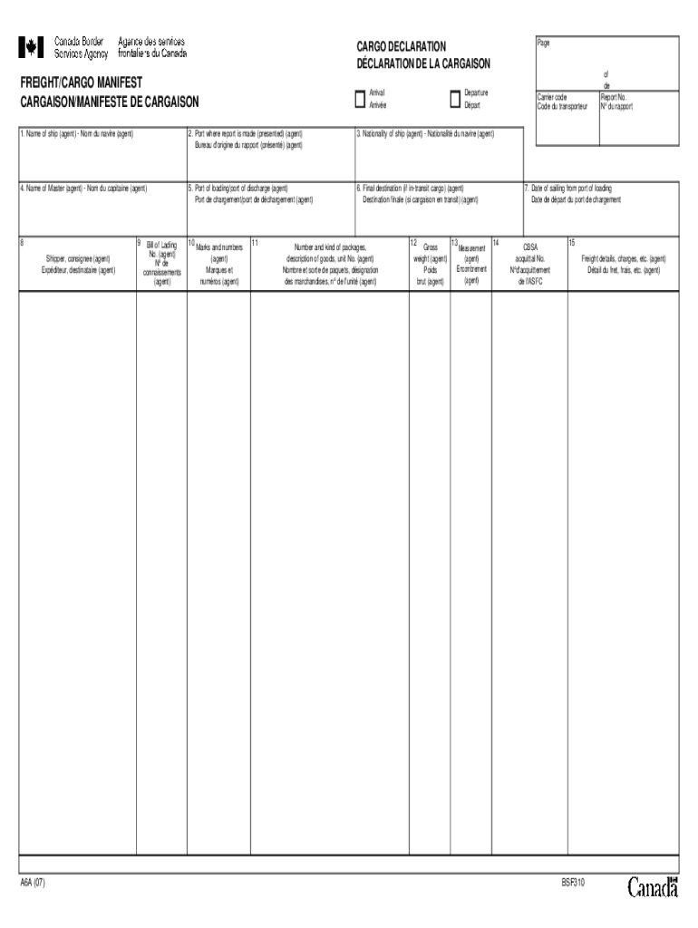 Customs form A6A, Freight Cargo Manifest Moving to Canada customs form A6A, Freight Cargo Manifest Preview on Page 1