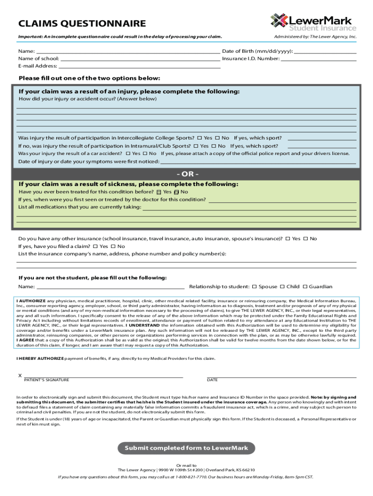 KS LewerMark Student Insurance Claims Questionnaire Preview on Page 1