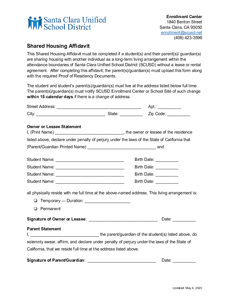 Fillable Online Shared Housing Affidavit Santa Clara Unified School