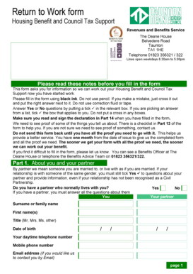 UK Housing Benefit and Council Tax Support Return to Work Form