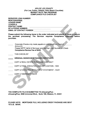 Housing Finance Authority of Lee County Market Rate Program Compliance File Checklist