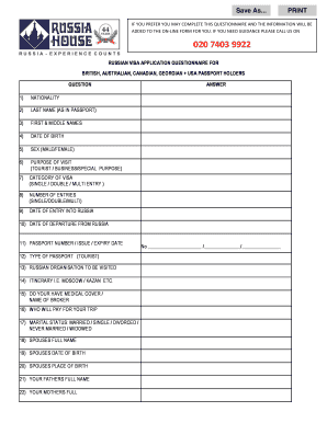 Russian Visa Application Questionnaire
