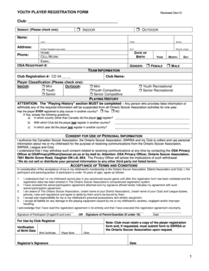 Ontario Soccer Association Youth Player Registration Form