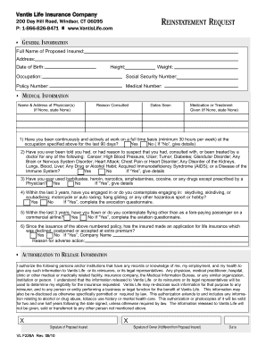 Vantis Life Insurance Reinstatement Request