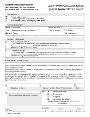 Vantis Life Annuity Cancellation Request