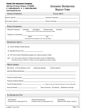 Vantis Life Insurance Systematic Distribution Request Form