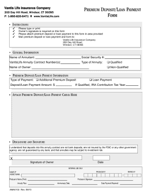 Vantis Life Insurance Premium Deposit Loan Payment Form
