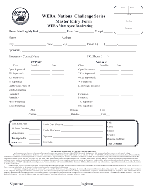 WERA Motorcycle Roadracing Master Entry Form