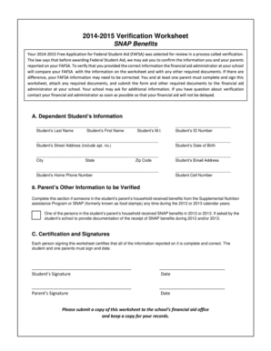 2014-2015 Verification Worksheet for SNAP Benefits