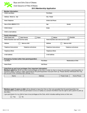 Boys and Girls Club of Ottawa Membership Application