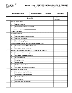 Service User Admission Checklist