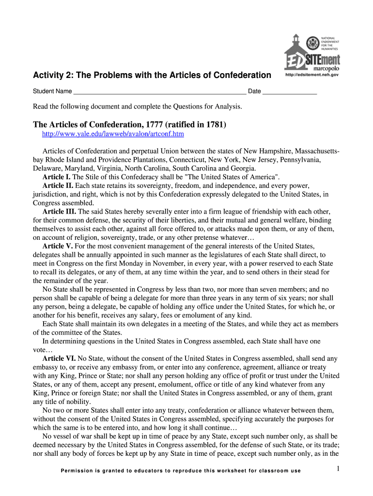 Articles Of Confederation Vs Constitution Worksheet Pdf Fill Out
