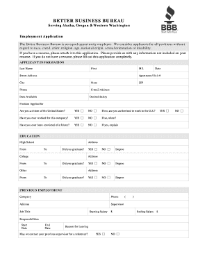 Better Business Bureau Employment Application