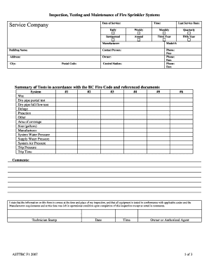 Fire Sprinkler System Inspection Form