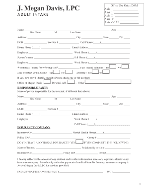 Adult Intake Form for Mental Health Services