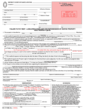 Failure to Pay Rent Landlord's Complaint for Repossession of Rented Property