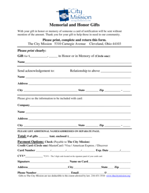 Memorial and Honor Gifts Form