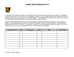 Personal injury forms - Liability Waiver/Release Form - Club One Volleyball