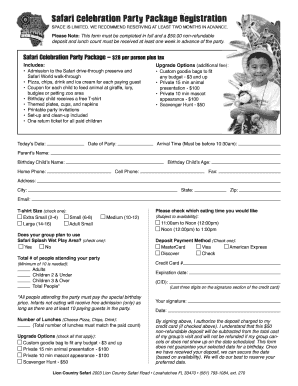 Safari Celebration Party Package Registration