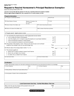 Michigan Request to Rescind Homeowner's Principal Residence Exemption