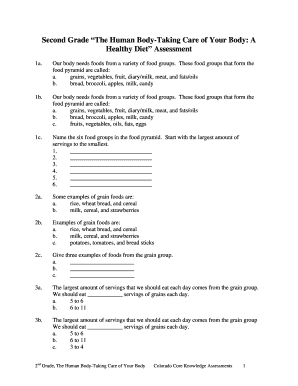 Second Grade Human Body Nutrition Assessment