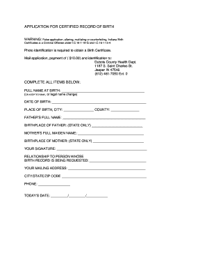 Indiana Certified Record of Birth Application
