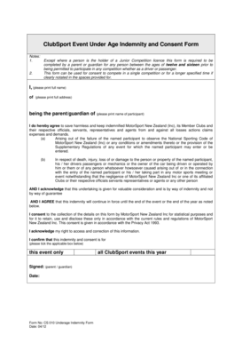 ClubSport Under Age Indemnity and Consent Form