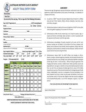 Australian Shepherd Club of America Agility Trial Entry Form