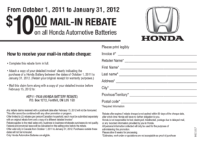 Honda Battery Mail-In Rebate Form