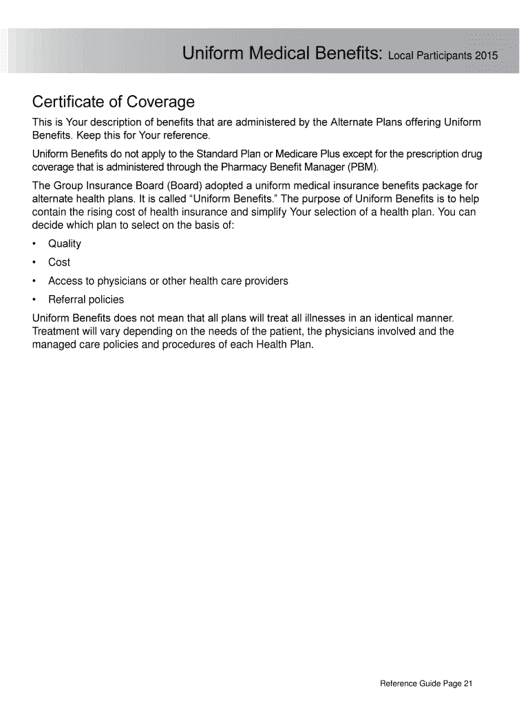 Fillable Online Local Uniform Benefits 2015 Unity Health Insurance