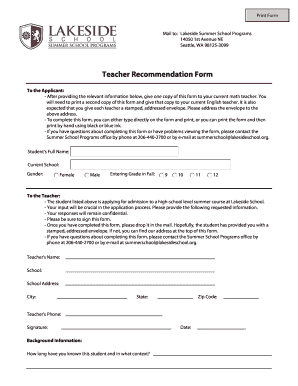 Fillable Online lakesideschool Teacher Recommendation Form - Lakeside ...