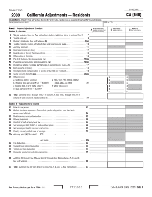 2009 California Adjustments Schedule for Form 540
