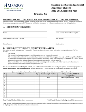 2013-2014 Dependent Student Verification Worksheet