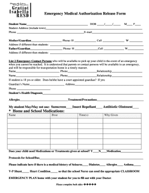 Emergency Medical Authorization Release Form
