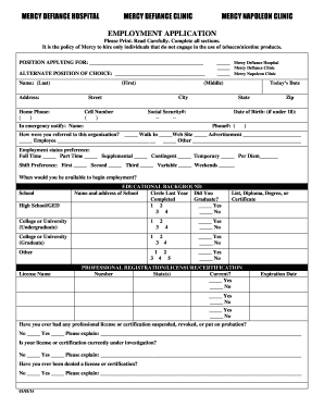 Mercy Defiance Hospital Employment Application