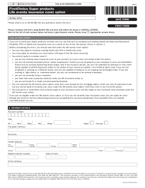 FirstChoice Super Life Events Insurance Cover Form