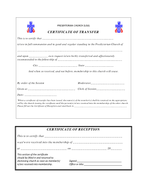 Presbyterian Church Transfer Certificate