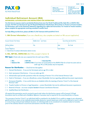 Pax World IRA Withdrawal Authorization Form