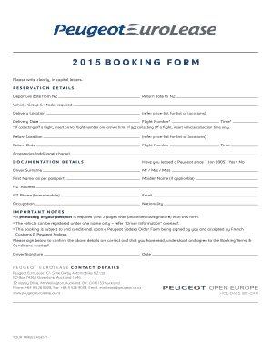 Peugeot Eurolease Booking Form