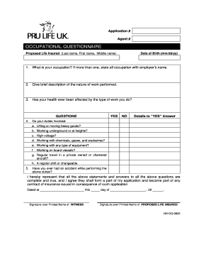 Occupational Questionnaire for Life Insurance