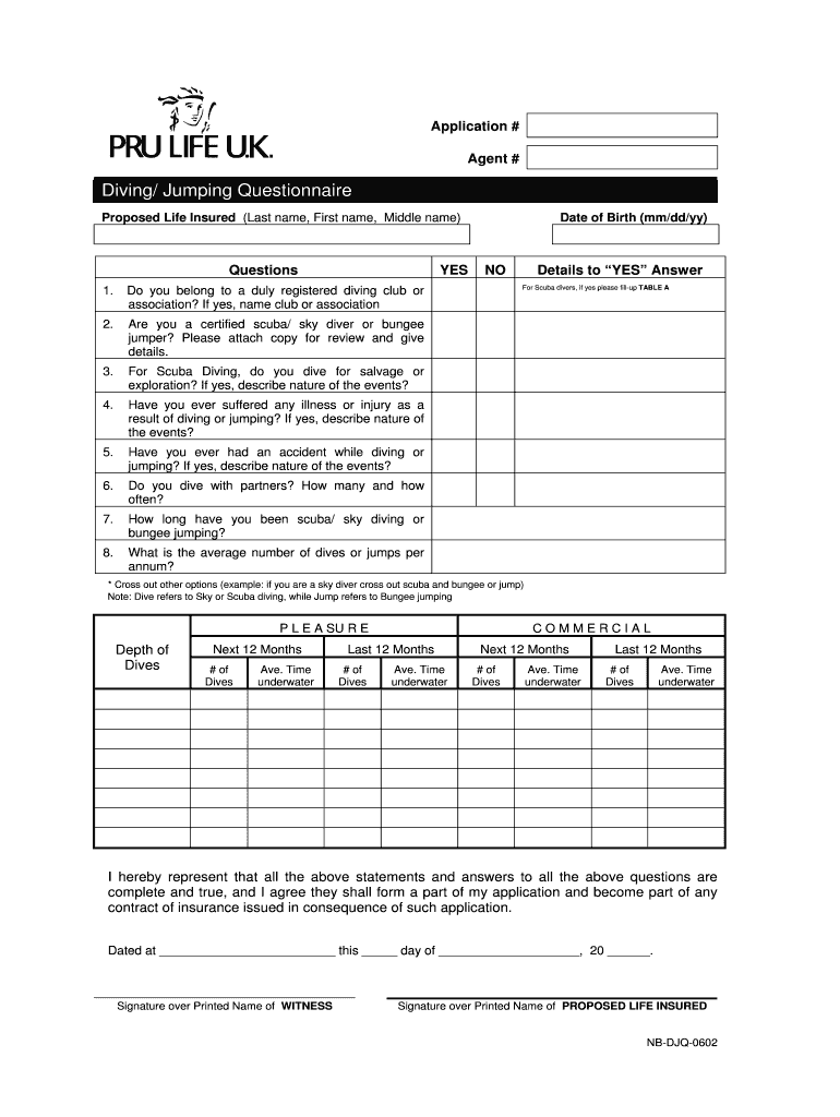 Fillable Online Diving Jumping Questionnaire PRU LIFE UK Fax Email